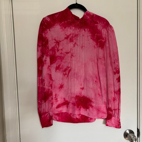 Frame Denim Le Back Tie Pleated Blouse Pink Tie Dye 100% Silk Large - Picture 1 of 4